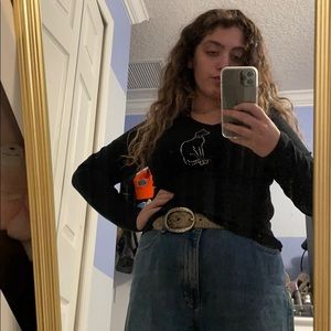 Long sleeve black T with pussy cat rhinestones